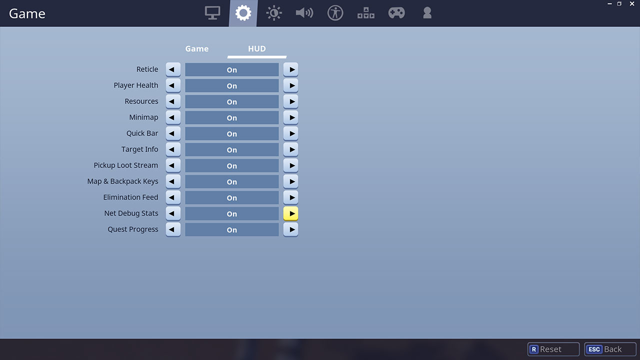 make sure you select the hud tab inside the game settings screen you should end up on the screen below switch on net debug stats and save your settings - what fortnite settings should i use